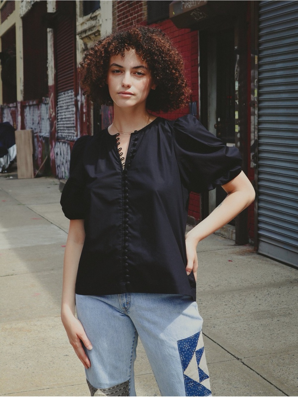 Black Puff-Sleeve Button-Front Blouse